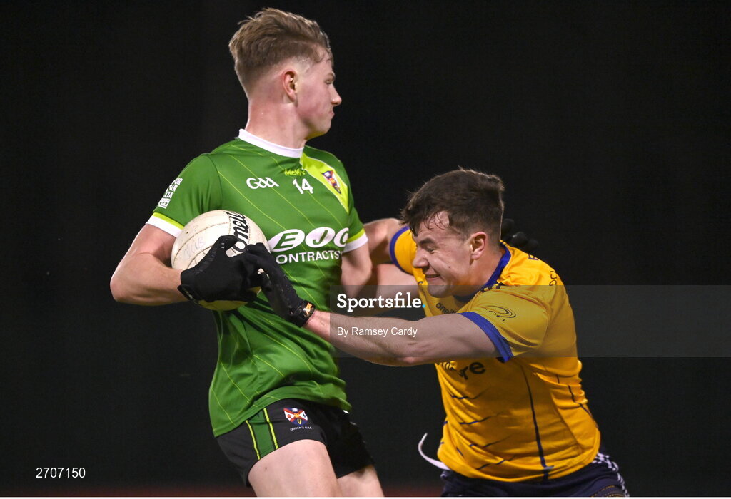 9 January 2024; Diarmuid King of Queens in action against Ruiri Keane of DCU during the Electric Ireland Higher Education GAA Sigerson Cup Round 1 match between Queens University Belfast and DCU at The Dub at Queen’s Sport in Belfast. Photo by Ramsey Cardy/Sportsfile