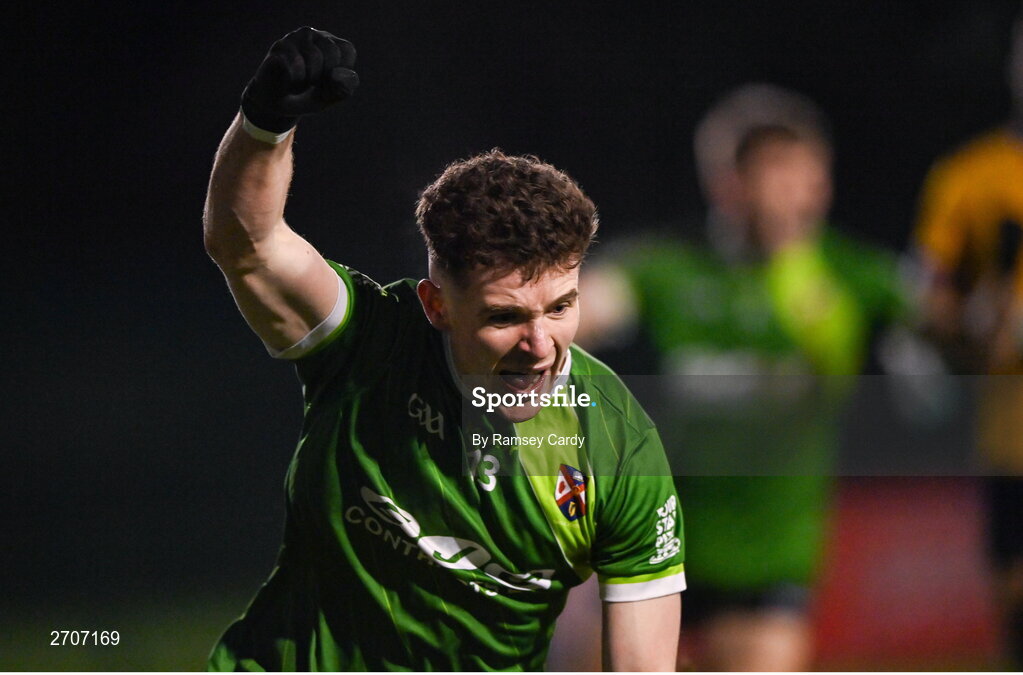 9 January 2024; Luke Donnelly of Queens celebrates after scoring his side's second goal during the Electric Ireland Higher Education GAA Sigerson Cup Round 1 match between Queens University Belfast and DCU at The Dub at Queen’s Sport in Belfast. Photo by Ramsey Cardy/Sportsfile