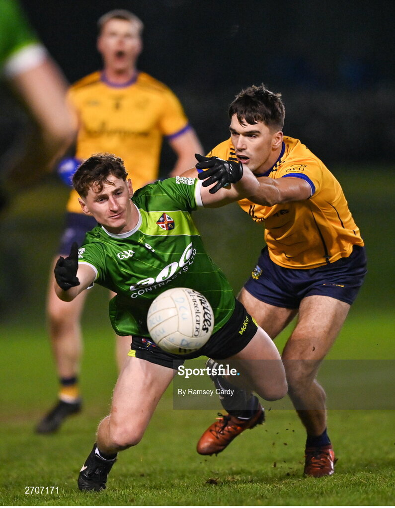 9 January 2024; Patrick Brooks of Queens in action against Ciaran Caulfield of DCU during the Electric Ireland Higher Education GAA Sigerson Cup Round 1 match between Queens University Belfast and DCU at The Dub at Queen’s Sport in Belfast. Photo by Ramsey Cardy/Sportsfile