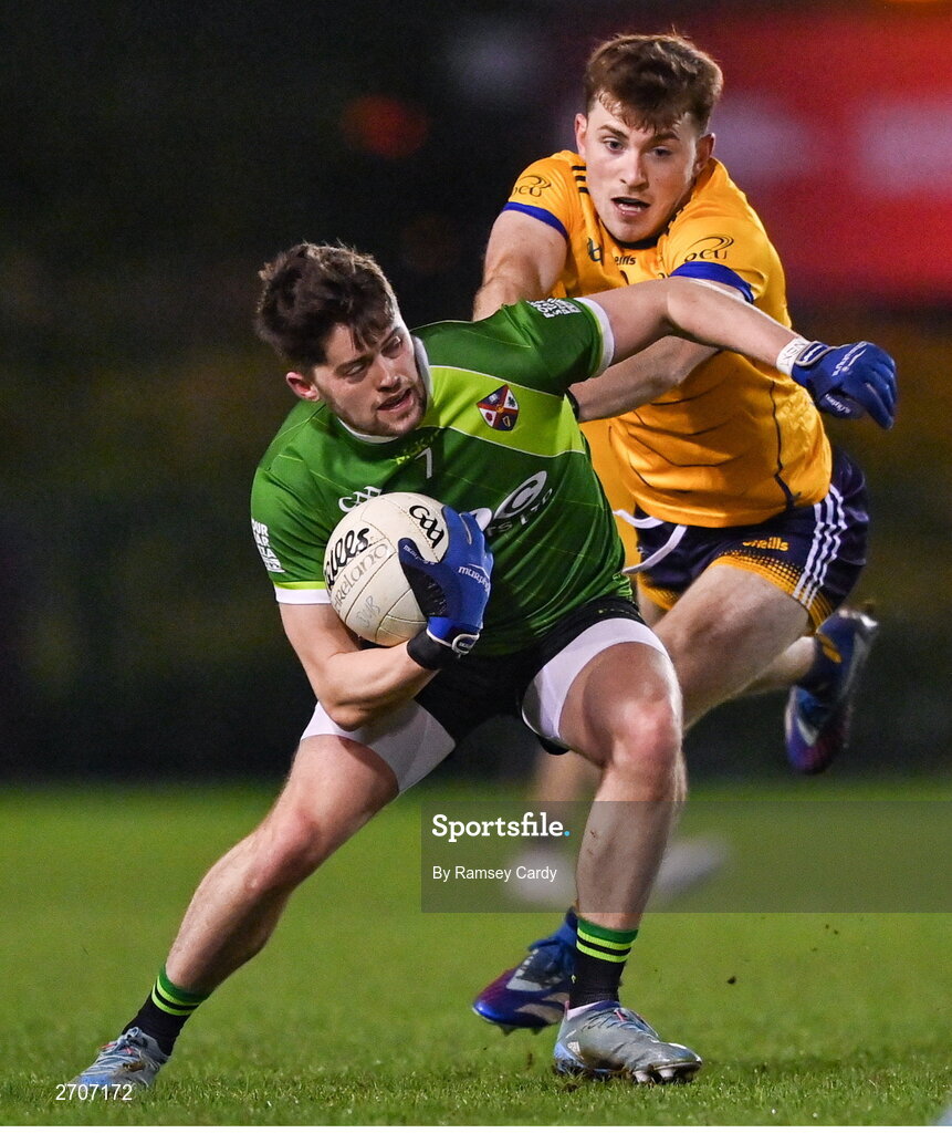 9 January 2024; Matthew Murnaghan of Queens in action against Shane O'Donnell of DCU during the Electric Ireland Higher Education GAA Sigerson Cup Round 1 match between Queens University Belfast and DCU at The Dub at Queen’s Sport in Belfast. Photo by Ramsey Cardy/Sportsfile
