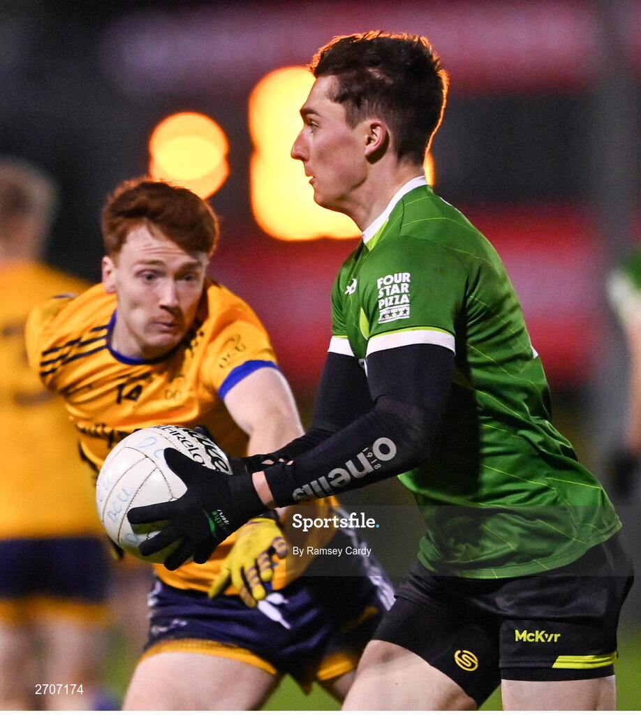 9 January 2024; Aidan McCloskey of Queens in action against Sean Jones of DCU during the Electric Ireland Higher Education GAA Sigerson Cup Round 1 match between Queens University Belfast and DCU at The Dub at Queen’s Sport in Belfast. Photo by Ramsey Cardy/Sportsfile