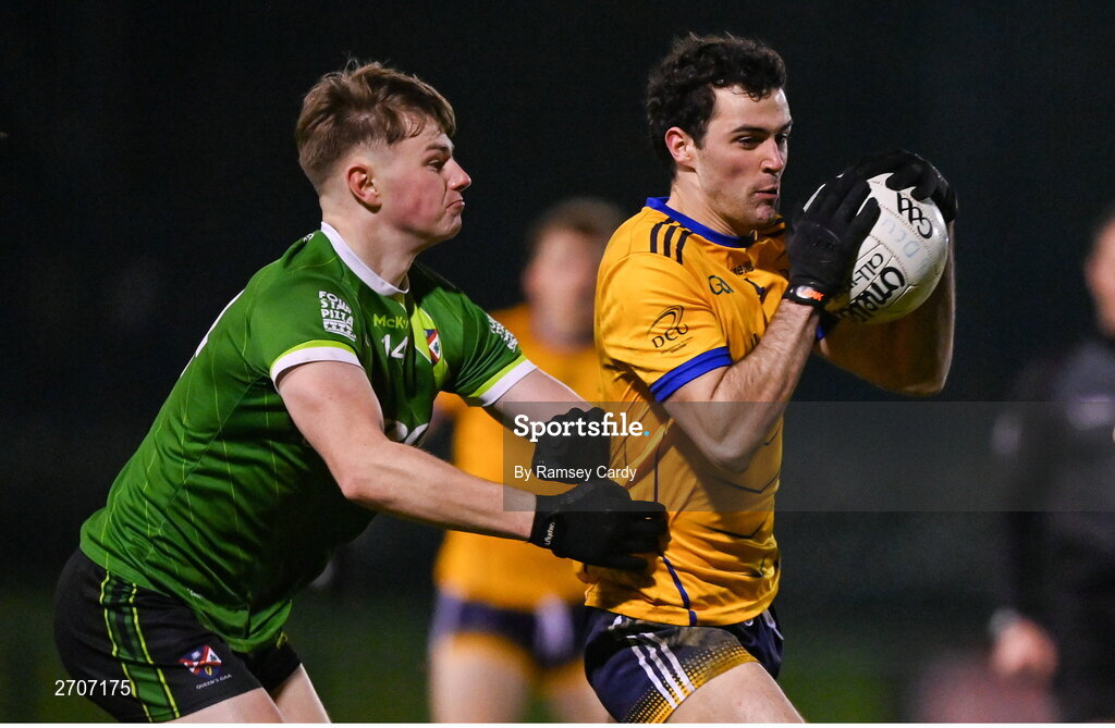 9 January 2024; Jamie Grant of DCU in action against Diarmuid King of Queens during the Electric Ireland Higher Education GAA Sigerson Cup Round 1 match between Queens University Belfast and DCU at The Dub at Queen’s Sport in Belfast. Photo by Ramsey Cardy/Sportsfile