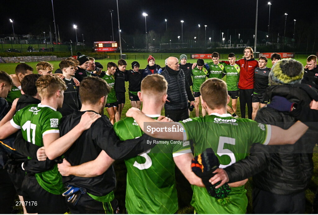 9 January 2024; Queens manager Conor Deegan speaks to his team after their victory in the Electric Ireland Higher Education GAA Sigerson Cup Round 1 match between Queens University Belfast and DCU at The Dub at Queen’s Sport in Belfast. Photo by Ramsey Cardy/Sportsfile