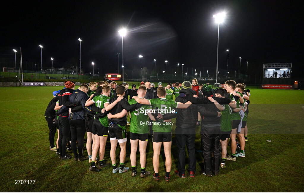9 January 2024; Queens manager Conor Deegan speaks to his team after their victory in the Electric Ireland Higher Education GAA Sigerson Cup Round 1 match between Queens University Belfast and DCU at The Dub at Queen’s Sport in Belfast. Photo by Ramsey Cardy/Sportsfile