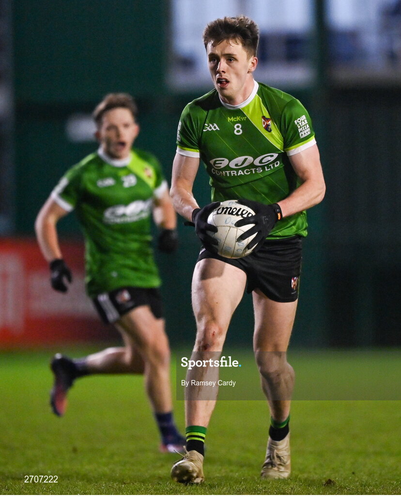 9 January 2024; Joe McDaid of Queens during the Electric Ireland Higher Education GAA Sigerson Cup Round 1 match between Queens University Belfast and DCU at The Dub at Queen’s Sport in Belfast. Photo by Ramsey Cardy/Sportsfile