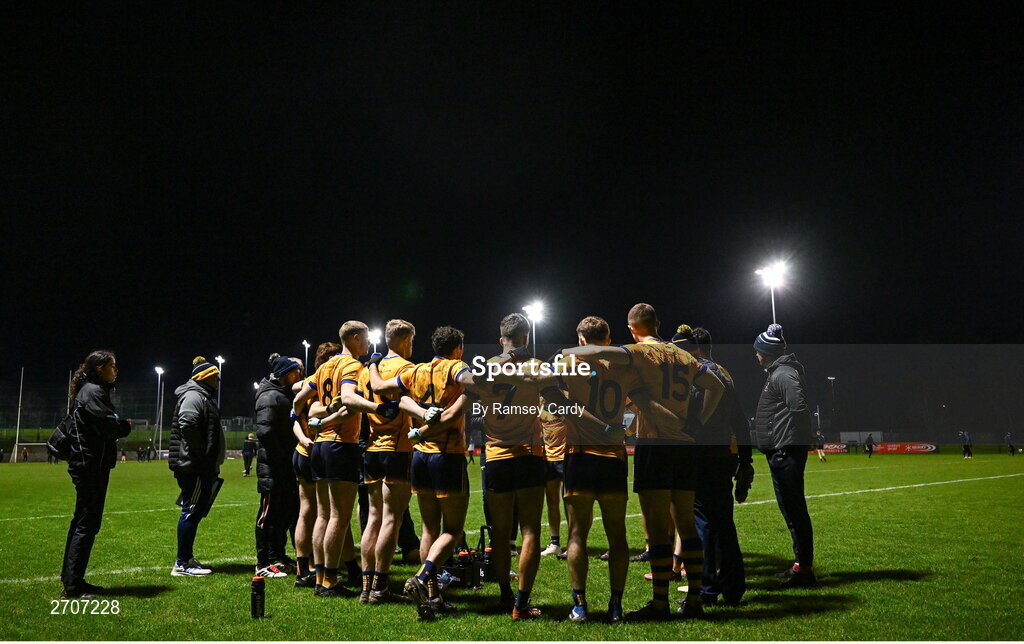 9 January 2024; The DCU team huddle during the Electric Ireland Higher Education GAA Sigerson Cup Round 1 match between Queens University Belfast and DCU at The Dub at Queen’s Sport in Belfast. Photo by Ramsey Cardy/Sportsfile