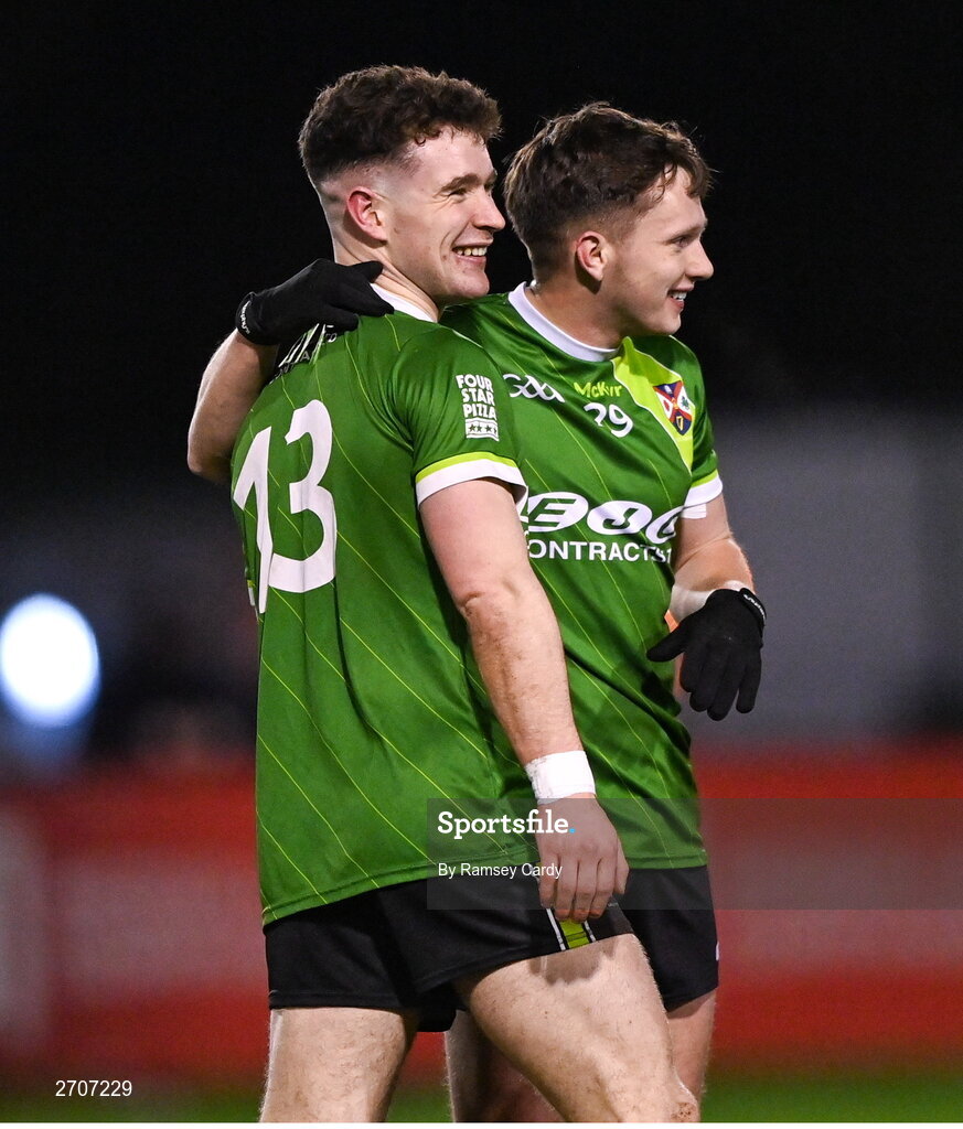 9 January 2024; Luke Donnelly, left, and Padraig Purcell of Queens after the Electric Ireland Higher Education GAA Sigerson Cup Round 1 match between Queens University Belfast and DCU at The Dub at Queen’s Sport in Belfast. Photo by Ramsey Cardy/Sportsfile