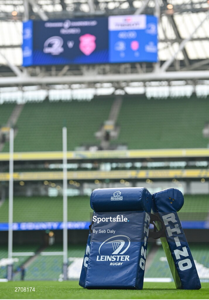 13 January 2024; Tackles bags on the pitch before the Investec Champions Cup Pool 4 Round 3 match between Leinster and Stade Francais at the Aviva Stadium in Dublin. Photo by Seb Daly/Sportsfile