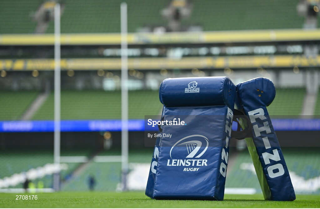 13 January 2024; Tackles bags on the pitch before the Investec Champions Cup Pool 4 Round 3 match between Leinster and Stade Francais at the Aviva Stadium in Dublin. Photo by Seb Daly/Sportsfile