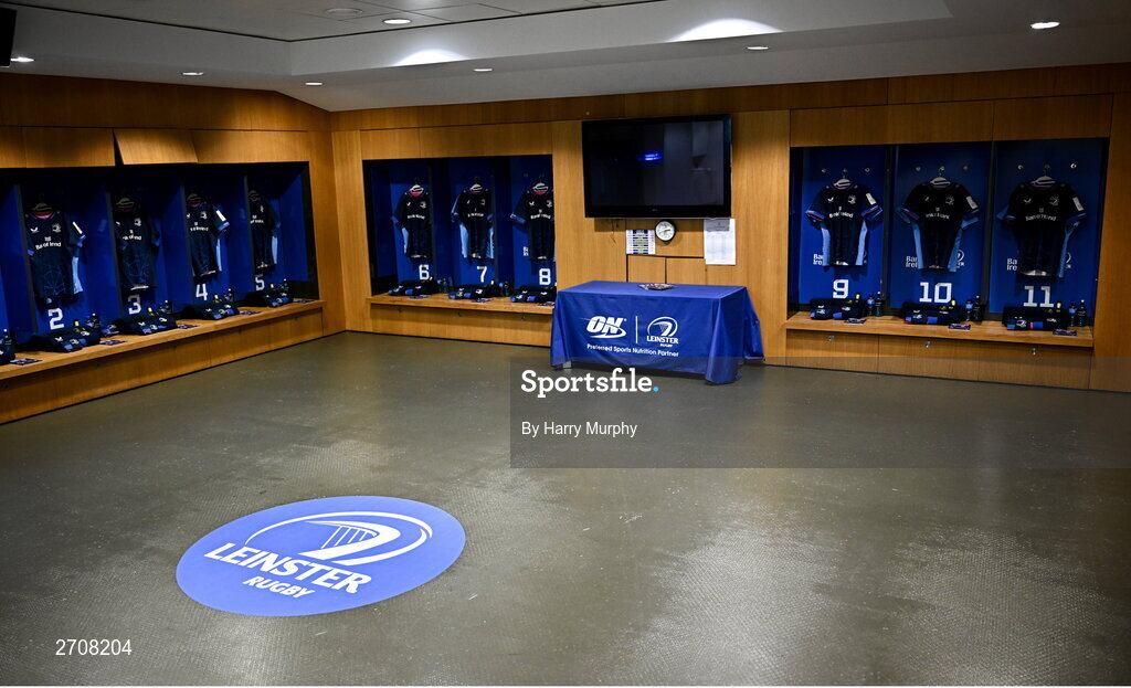 13 January 2024; A general view inside the Leinster dressing room before the Investec Champions Cup Pool 4 Round 3 match between Leinster and Stade Francais at the Aviva Stadium in Dublin. Photo by Harry Murphy/Sportsfile