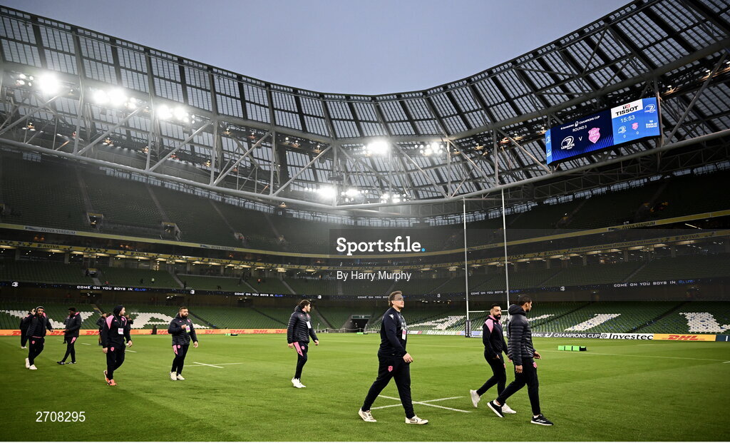 13 January 2024; Stade Francais players before the Investec Champions Cup Pool 4 Round 3 match between Leinster and Stade Francais at the Aviva Stadium in Dublin. Photo by Harry Murphy/Sportsfile