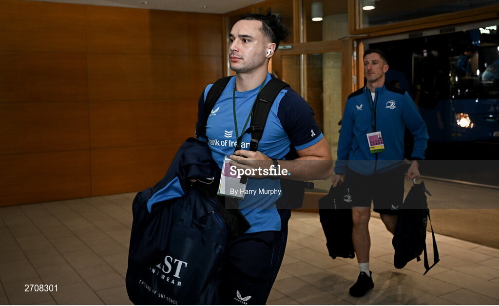 13 January 2024; James Lowe of Leinster arrives before the Investec Champions Cup Pool 4 Round 3 match between Leinster and Stade Francais at the Aviva Stadium in Dublin. Photo by Harry Murphy/Sportsfile