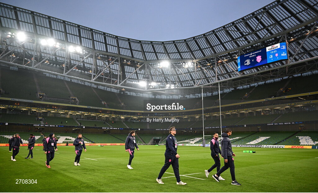13 January 2024; Stade Francais players before the Investec Champions Cup Pool 4 Round 3 match between Leinster and Stade Francais at the Aviva Stadium in Dublin. Photo by Harry Murphy/Sportsfile