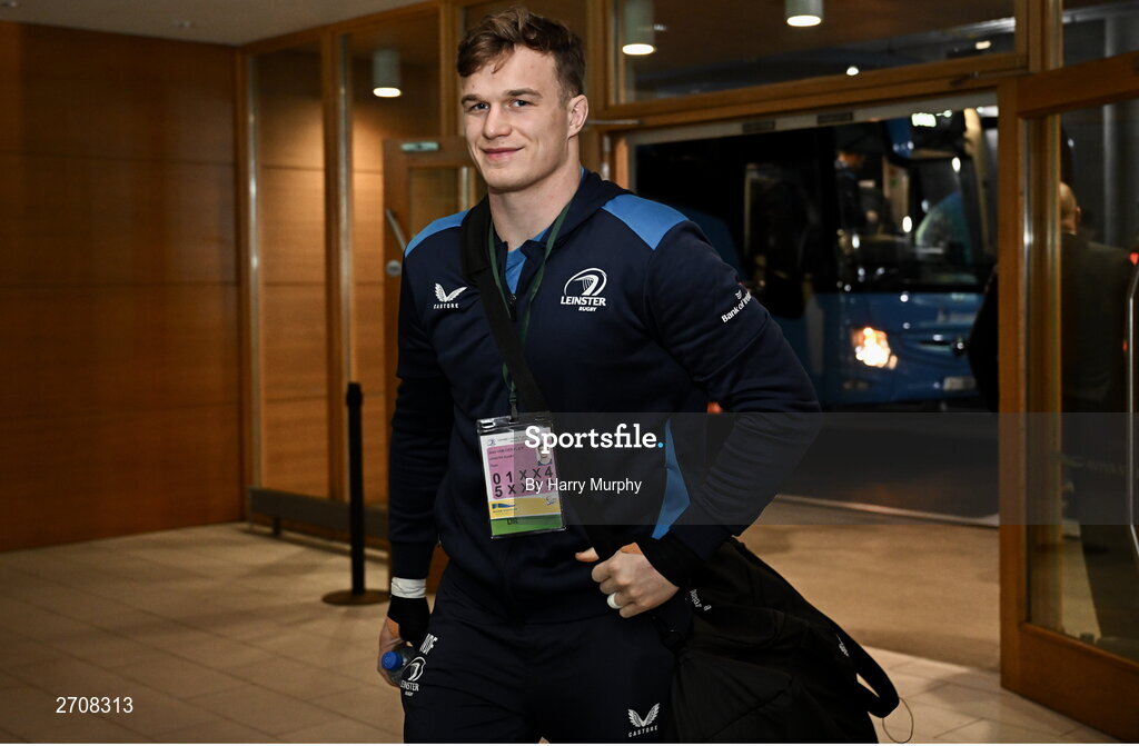 13 January 2024; Josh van der Flier of Leinster arrives before the Investec Champions Cup Pool 4 Round 3 match between Leinster and Stade Francais at the Aviva Stadium in Dublin. Photo by Harry Murphy/Sportsfile