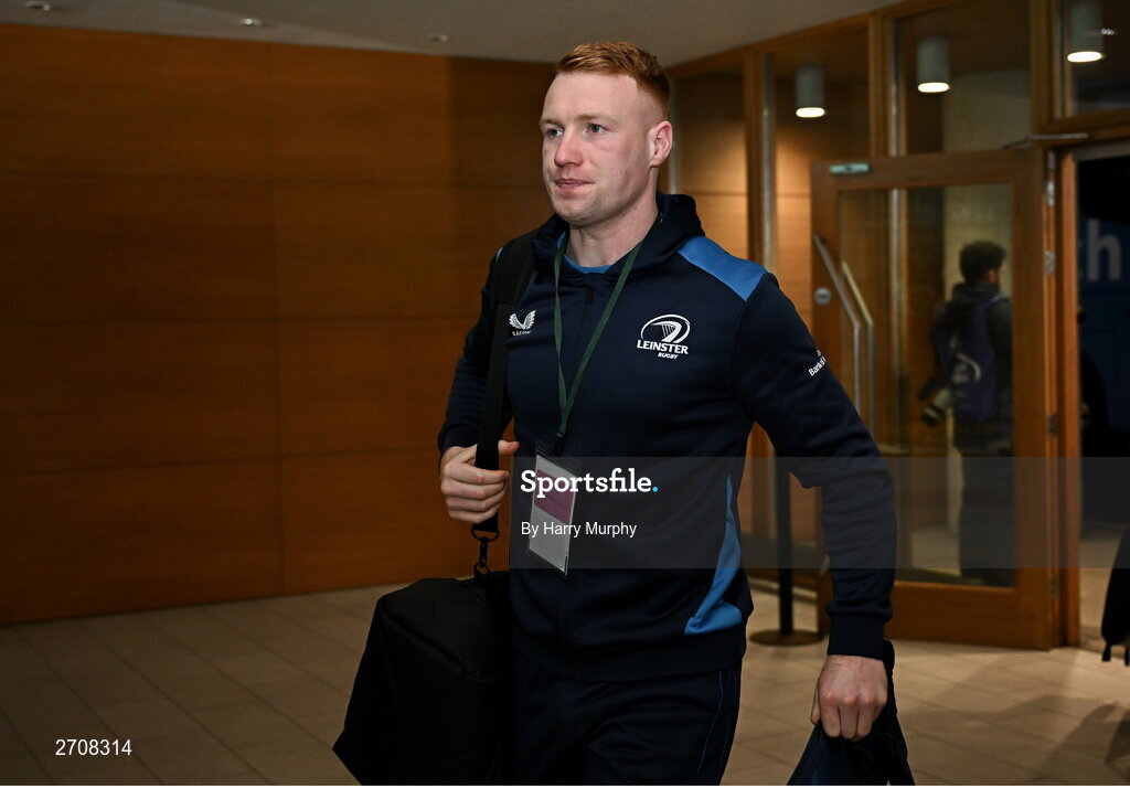 13 January 2024; Ciarán Frawley of Leinster arrives before the Investec Champions Cup Pool 4 Round 3 match between Leinster and Stade Francais at the Aviva Stadium in Dublin. Photo by Harry Murphy/Sportsfile