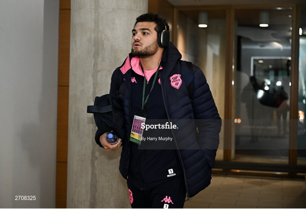 13 January 2024; Ryan Chapuis of Stade Francais arrives before during the Investec Champions Cup Pool 4 Round 3 match between Leinster and Stade Francais at the Aviva Stadium in Dublin. Photo by Harry Murphy/Sportsfile
