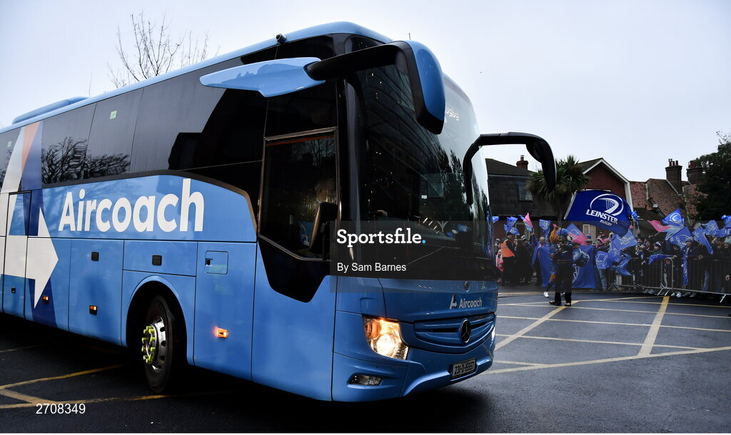 13 January 2024; The Leinster team bus arrives before the Investec Champions Cup Pool 4 Round 3 match between Leinster and Stade Francais at the Aviva Stadium in Dublin. Photo by Sam Barnes/Sportsfile
