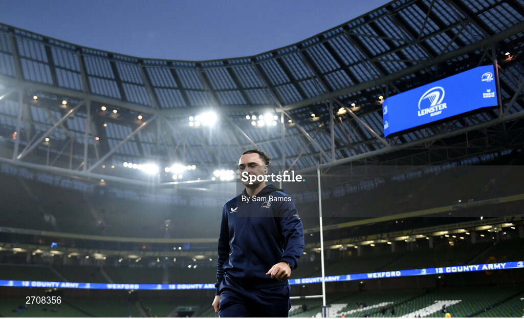 13 January 2024; James Lowe of Leinster walks the pitch before the Investec Champions Cup Pool 4 Round 3 match between Leinster and Stade Francais at the Aviva Stadium in Dublin. Photo by Sam Barnes/Sportsfile