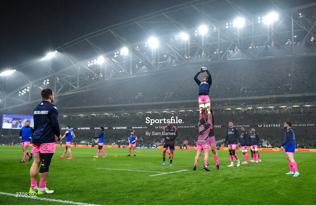 13 January 2024; Stade Francais players practice their lineout routine during their warm up before the Investec Champions Cup Pool 4 Round 3 match between Leinster and Stade Francais at the Aviva Stadium in Dublin. Photo by Sam Barnes/Sportsfile