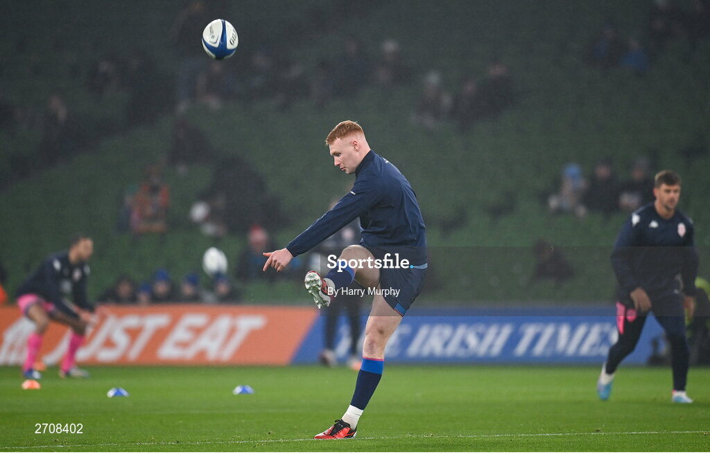 13 January 2024; Ciarán Frawley of Leinster warms up before the Investec Champions Cup Pool 4 Round 3 match between Leinster and Stade Francais at the Aviva Stadium in Dublin. Photo by Harry Murphy/Sportsfile