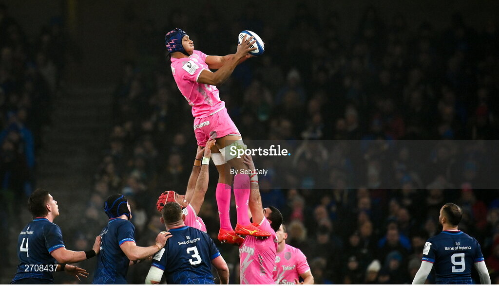13 January 2024; Pierre-Henri Azagoh of Stade Francais takes possession in a lineout during the Investec Champions Cup Pool 4 Round 3 match between Leinster and Stade Francais at the Aviva Stadium in Dublin. Photo by Seb Daly/Sportsfile