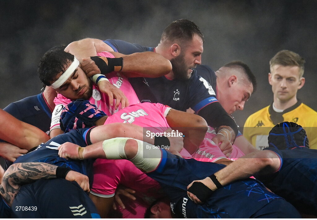 13 January 2024; Ryan Chapuis of Stade Francais and Jason Jenkins of Leinster during the Investec Champions Cup Pool 4 Round 3 match between Leinster and Stade Francais at the Aviva Stadium in Dublin. Photo by Seb Daly/Sportsfile