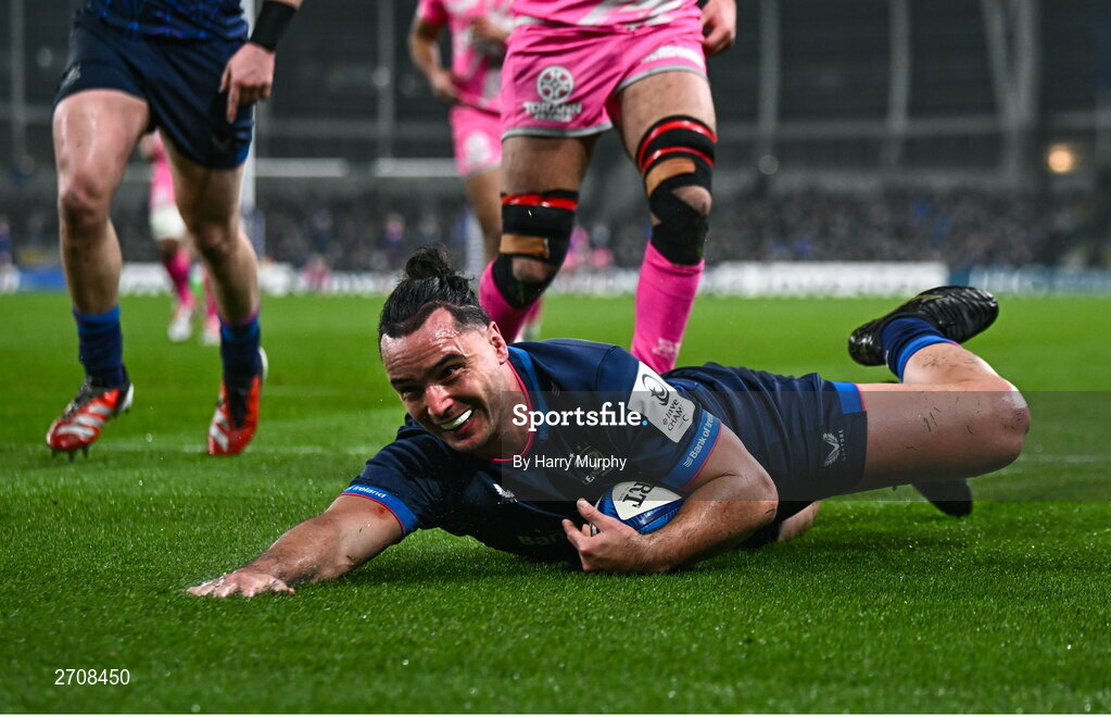 13 January 2024; James Lowe of Leinster dives over to score his side's first try during the Investec Champions Cup Pool 4 Round 3 match between Leinster and Stade Francais at the Aviva Stadium in Dublin. Photo by Harry Murphy/Sportsfile