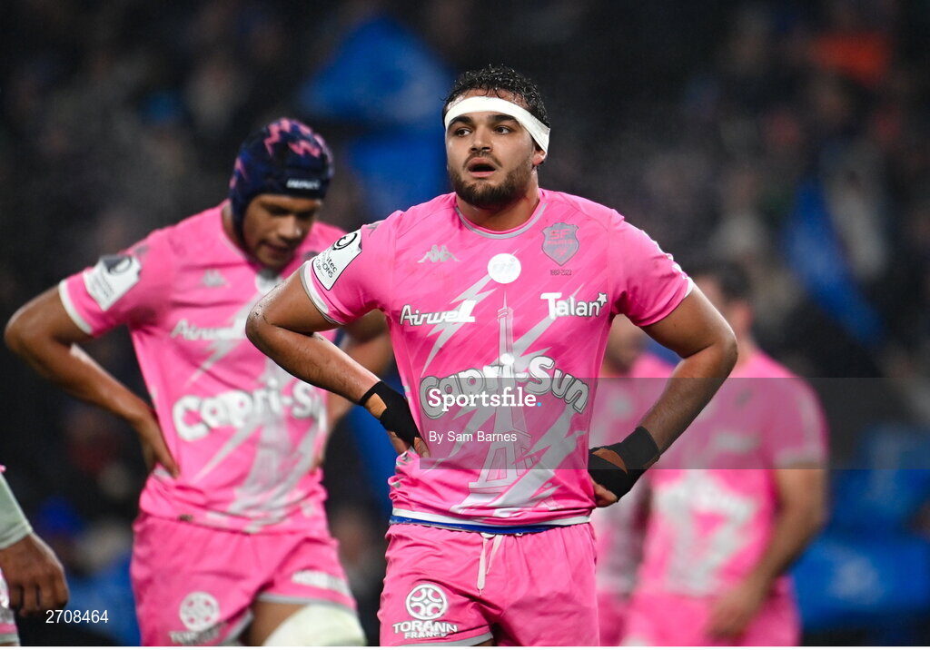 13 January 2024; Ryan Chapuis of Stade Francais reacts after conceding a try during the Investec Champions Cup Pool 4 Round 3 match between Leinster and Stade Francais at the Aviva Stadium in Dublin. Photo by Sam Barnes/Sportsfile