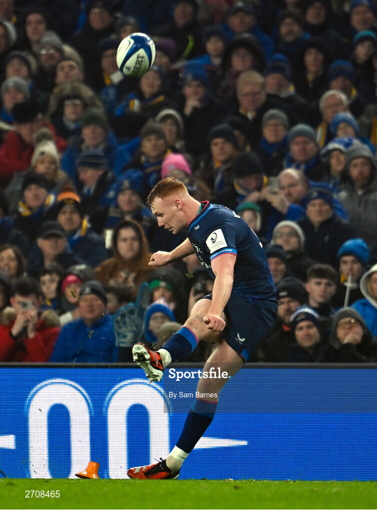 13 January 2024; Ciarán Frawley of Leinster kicks a conversion during the Investec Champions Cup Pool 4 Round 3 match between Leinster and Stade Francais at the Aviva Stadium in Dublin. Photo by Sam Barnes/Sportsfile