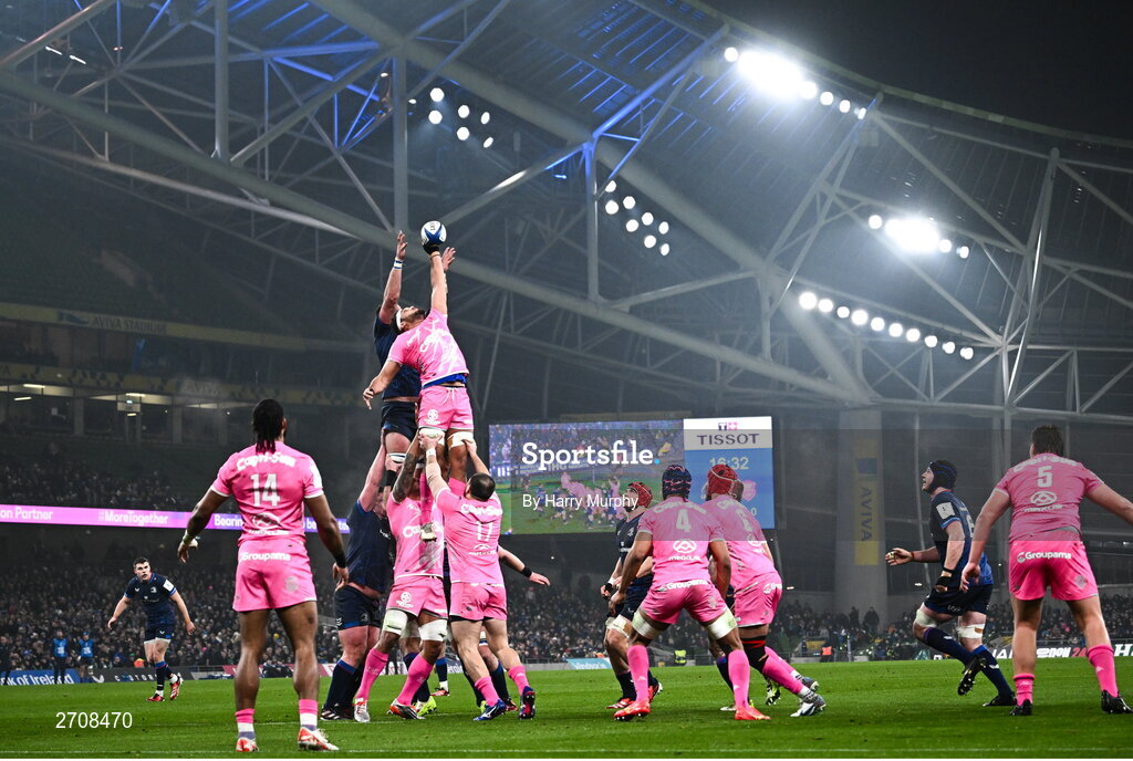 13 January 2024; Ryan Chapuis of Stade Francais wins possession in the lineout against Jason Jenkins of Leinster  during the Investec Champions Cup Pool 4 Round 3 match between Leinster and Stade Francais at the Aviva Stadium in Dublin. Photo by Harry Murphy/Sportsfile