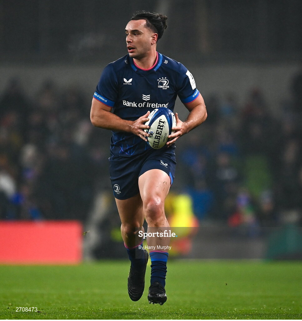 13 January 2024; James Lowe of Leinster during the Investec Champions Cup Pool 4 Round 3 match between Leinster and Stade Francais at the Aviva Stadium in Dublin. Photo by Harry Murphy/Sportsfile
