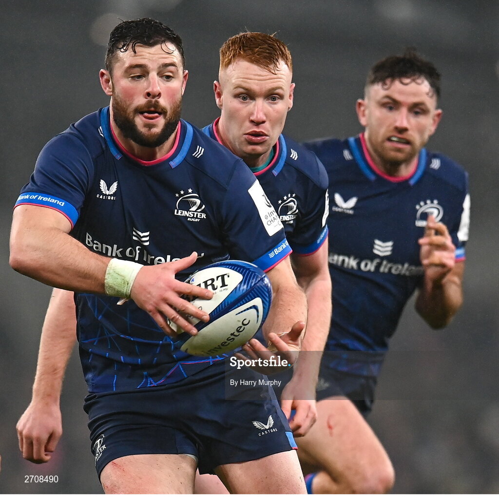 13 January 2024; Leinster players, from left, Robbie Henshaw, Ciarán Frawley and Hugo Keenan during the Investec Champions Cup Pool 4 Round 3 match between Leinster and Stade Francais at the Aviva Stadium in Dublin. Photo by Harry Murphy/Sportsfile