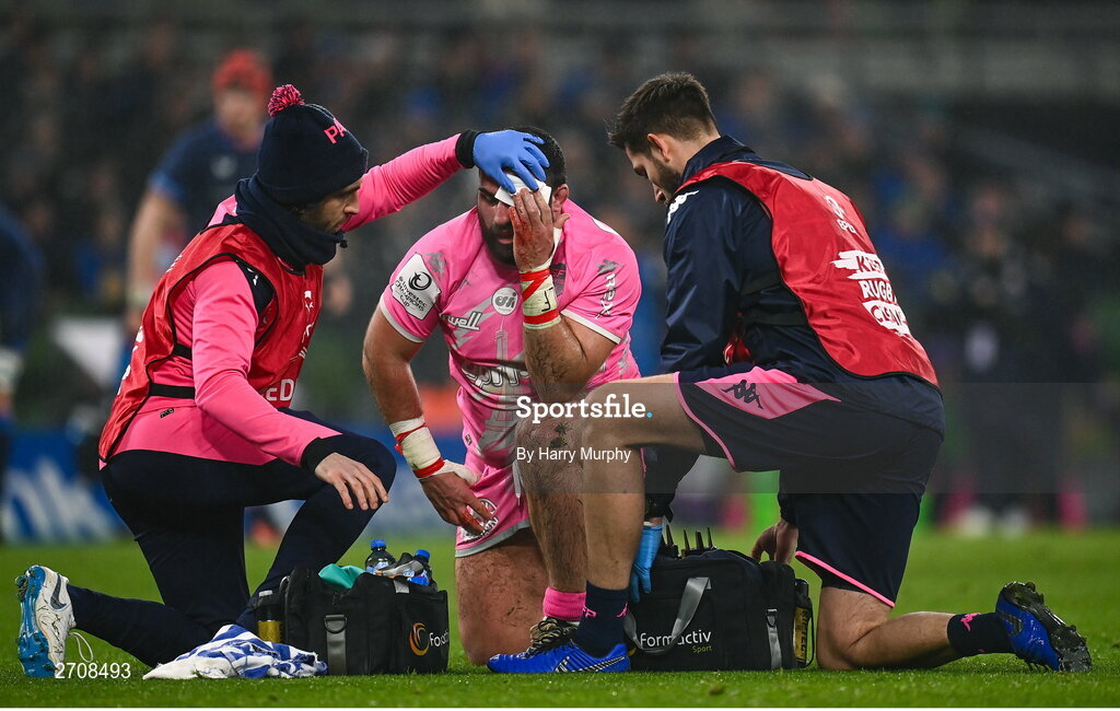 13 January 2024; Clement Castets of Stade Francais receives treatment during the Investec Champions Cup Pool 4 Round 3 match between Leinster and Stade Francais at the Aviva Stadium in Dublin. Photo by Harry Murphy/Sportsfile