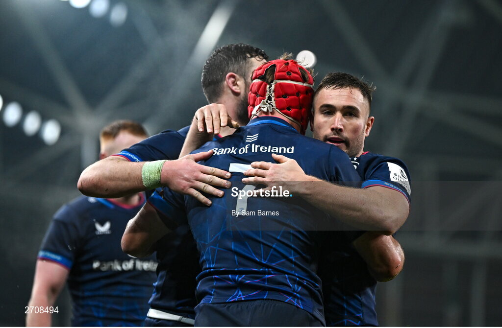 13 January 2024; Josh van der Flier of Leinster, centre, celebrates with team-mates Robbie Henshaw, left, and Jordan Larmour after scoring their sides second try during the Investec Champions Cup Pool 4 Round 3 match between Leinster and Stade Francais at the Aviva Stadium in Dublin. Photo by Sam Barnes/Sportsfile