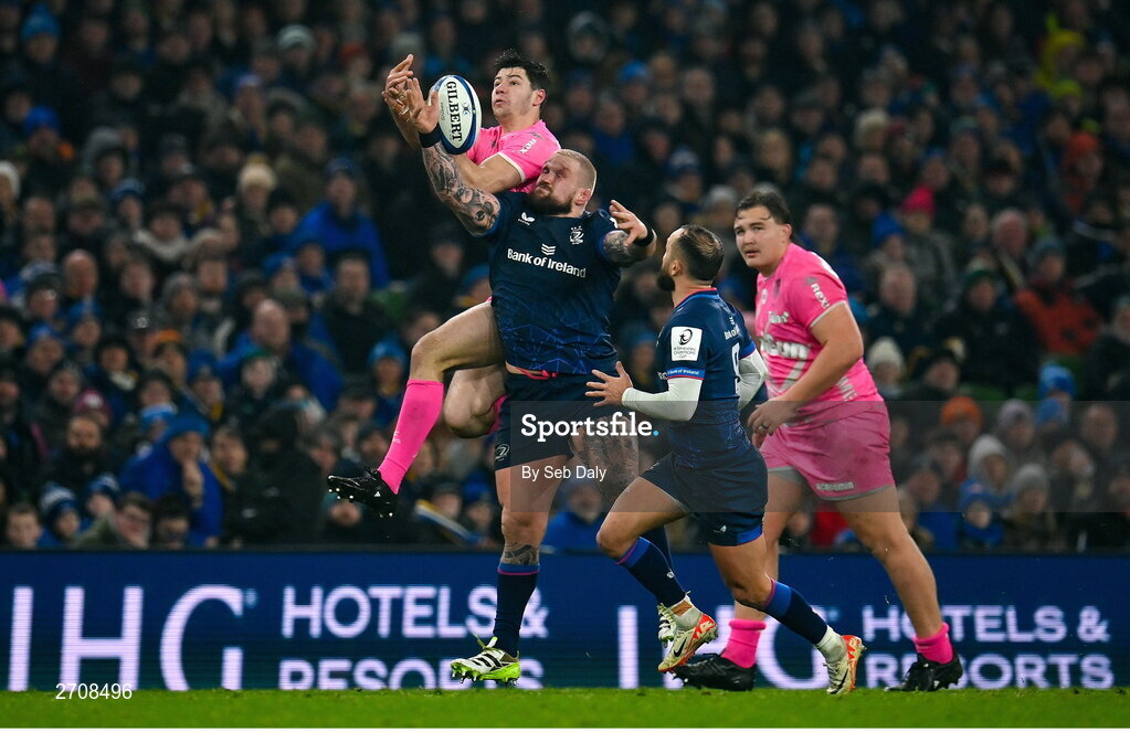 13 January 2024; Andrew Porter of Leinster and Leo Monin of Stade Francais contest for the ball during the Investec Champions Cup Pool 4 Round 3 match between Leinster and Stade Francais at the Aviva Stadium in Dublin. Photo by Seb Daly/Sportsfile