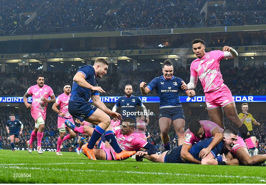 13 January 2024; Dan Sheehan of Leinster scores his side's third try during the Investec Champions Cup Pool 4 Round 3 match between Leinster and Stade Francais at the Aviva Stadium in Dublin. Photo by Sam Barnes/Sportsfile