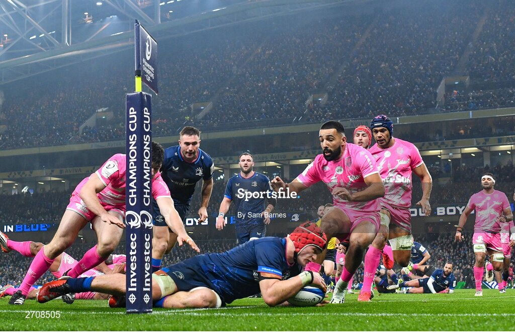 13 January 2024; Josh van der Flier of Leinster scores his side's second try during the Investec Champions Cup Pool 4 Round 3 match between Leinster and Stade Francais at the Aviva Stadium in Dublin. Photo by Sam Barnes/Sportsfile