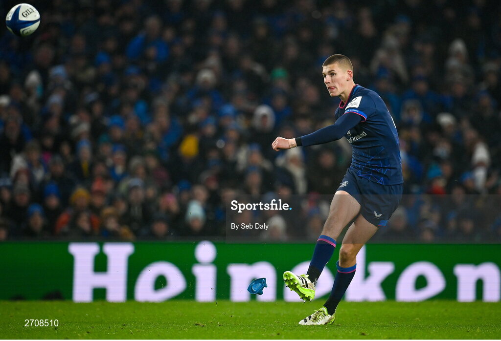 13 January 2024; Sam Prendergast of Leinster kicks a conversion during the Investec Champions Cup Pool 4 Round 3 match between Leinster and Stade Francais at the Aviva Stadium in Dublin. Photo by Seb Daly/Sportsfile