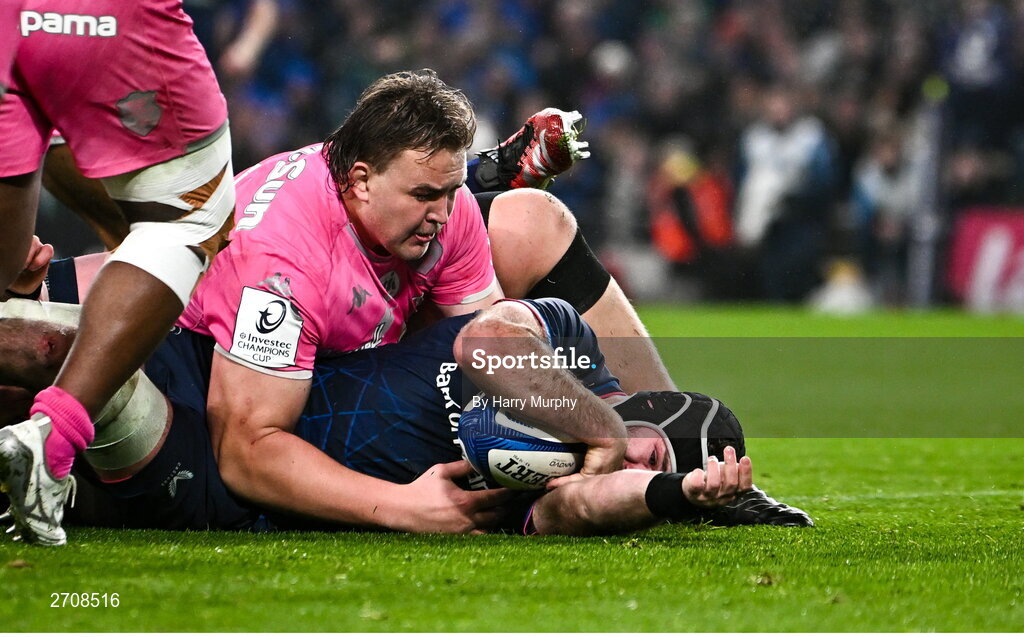 13 January 2024; Caelan Doris of Leinster dives over to score his side's fifth try during the Investec Champions Cup Pool 4 Round 3 match between Leinster and Stade Francais at the Aviva Stadium in Dublin. Photo by Harry Murphy/Sportsfile