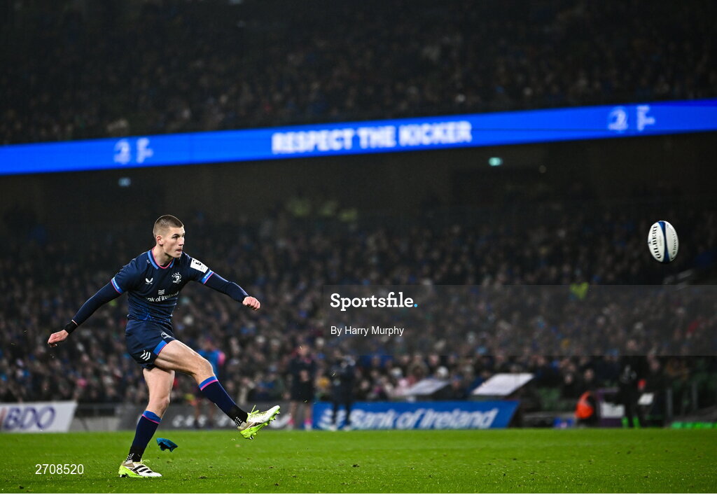 13 January 2024; Sam Prendergast of Leinster kicks a conversion during the Investec Champions Cup Pool 4 Round 3 match between Leinster and Stade Francais at the Aviva Stadium in Dublin. Photo by Harry Murphy/Sportsfile