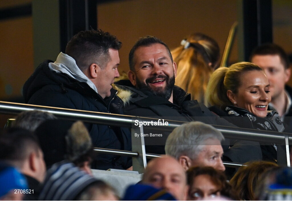 13 January 2024; British & Irish Lions and Ireland head coach Andy Farrell, centre, and Ireland scrum coach John Fogarty, left, in attendance during the Investec Champions Cup Pool 4 Round 3 match between Leinster and Stade Francais at the Aviva Stadium in Dublin. Photo by Sam Barnes/Sportsfile