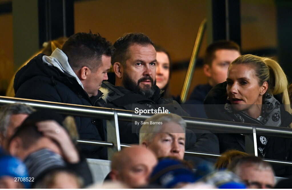 13 January 2024; British & Irish Lions and Ireland head coach Andy Farrell, centre, and Ireland scrum coach John Fogarty, left, in attendance during the Investec Champions Cup Pool 4 Round 3 match between Leinster and Stade Francais at the Aviva Stadium in Dublin. Photo by Sam Barnes/Sportsfile