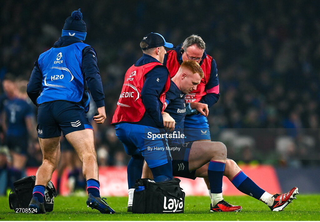 13 January 2024; Ciarán Frawley of Leinster receives treatment during the Investec Champions Cup Pool 4 Round 3 match between Leinster and Stade Francais at the Aviva Stadium in Dublin. Photo by Harry Murphy/Sportsfile