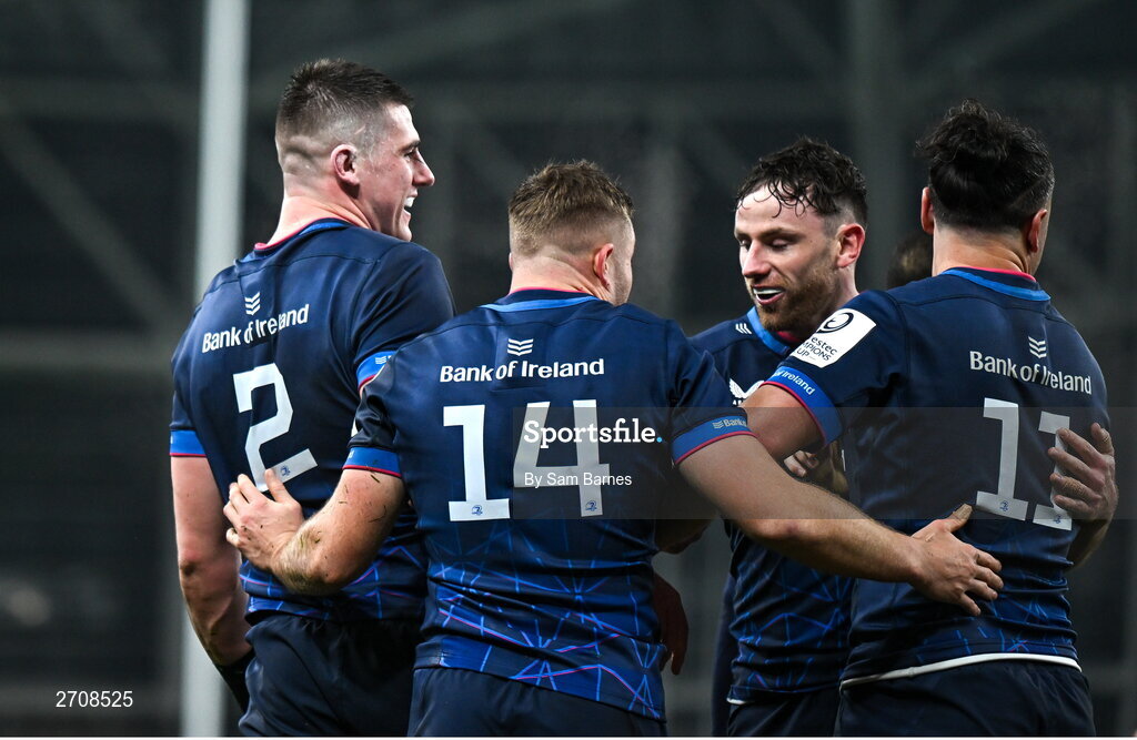 13 January 2024; Dan Sheehan of Leinster, left, celebrates with team-mates, from left, Jordan Larmour, Hugo Keenan and James Lowe after scoring his side's third try during the Investec Champions Cup Pool 4 Round 3 match between Leinster and Stade Francais at the Aviva Stadium in Dublin. Photo by Sam Barnes/Sportsfile