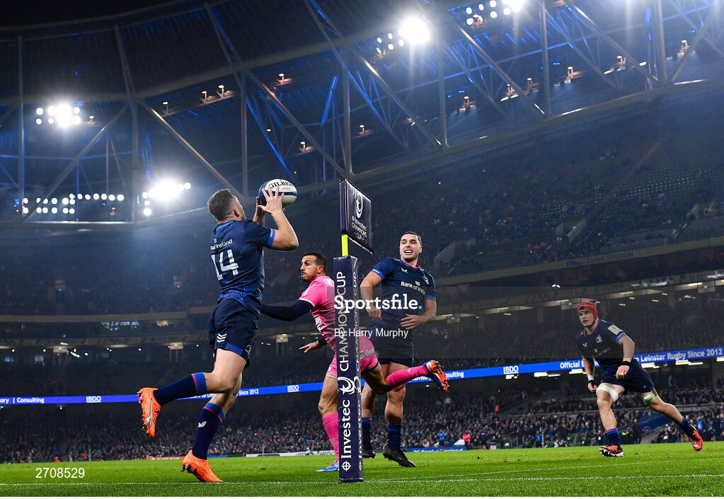13 January 2024; Jordan Larmour of Leinster catches a pass on his way to scoring his side's fourth try during the Investec Champions Cup Pool 4 Round 3 match between Leinster and Stade Francais at the Aviva Stadium in Dublin. Photo by Harry Murphy/Sportsfile