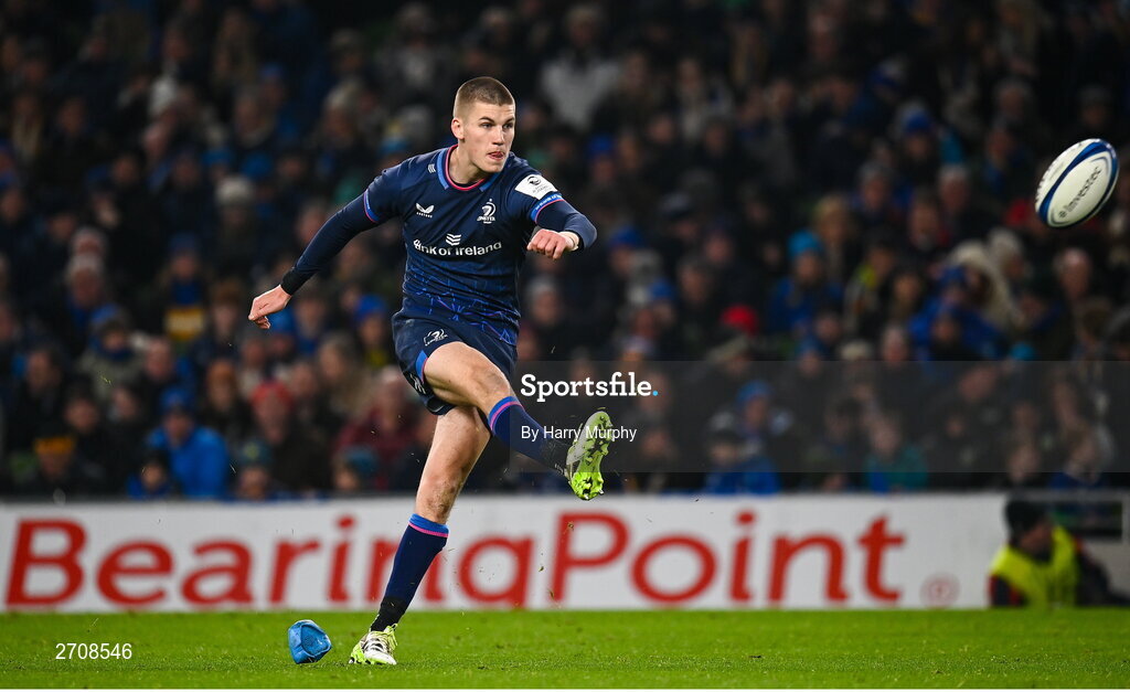 13 January 2024; Sam Prendergast of Leinster kicks a conversion during the Investec Champions Cup Pool 4 Round 3 match between Leinster and Stade Francais at the Aviva Stadium in Dublin. Photo by Harry Murphy/Sportsfile