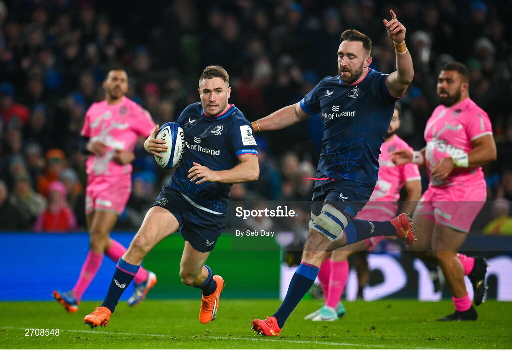13 January 2024; Jordan Larmour of Leinster runs in to score his side's seventh try during the Investec Champions Cup Pool 4 Round 3 match between Leinster and Stade Francais at the Aviva Stadium in Dublin. Photo by Seb Daly/Sportsfile