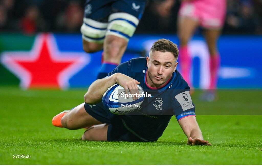 13 January 2024; Jordan Larmour of Leinster scores his side's seventh try during the Investec Champions Cup Pool 4 Round 3 match between Leinster and Stade Francais at the Aviva Stadium in Dublin. Photo by Seb Daly/Sportsfile