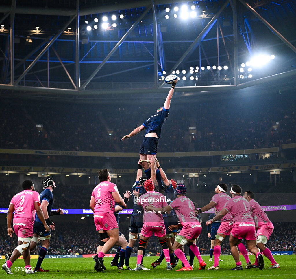 13 January 2024; Ryan Baird of Leinster takes possession in a lineout during the Investec Champions Cup Pool 4 Round 3 match between Leinster and Stade Francais at the Aviva Stadium in Dublin. Photo by Harry Murphy/Sportsfile