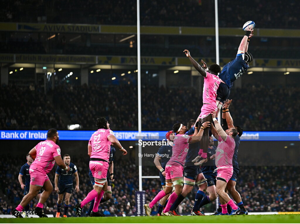 13 January 2024; James Ryan of Leinster takes possession in a lineout during the Investec Champions Cup Pool 4 Round 3 match between Leinster and Stade Francais at the Aviva Stadium in Dublin. Photo by Harry Murphy/Sportsfile
